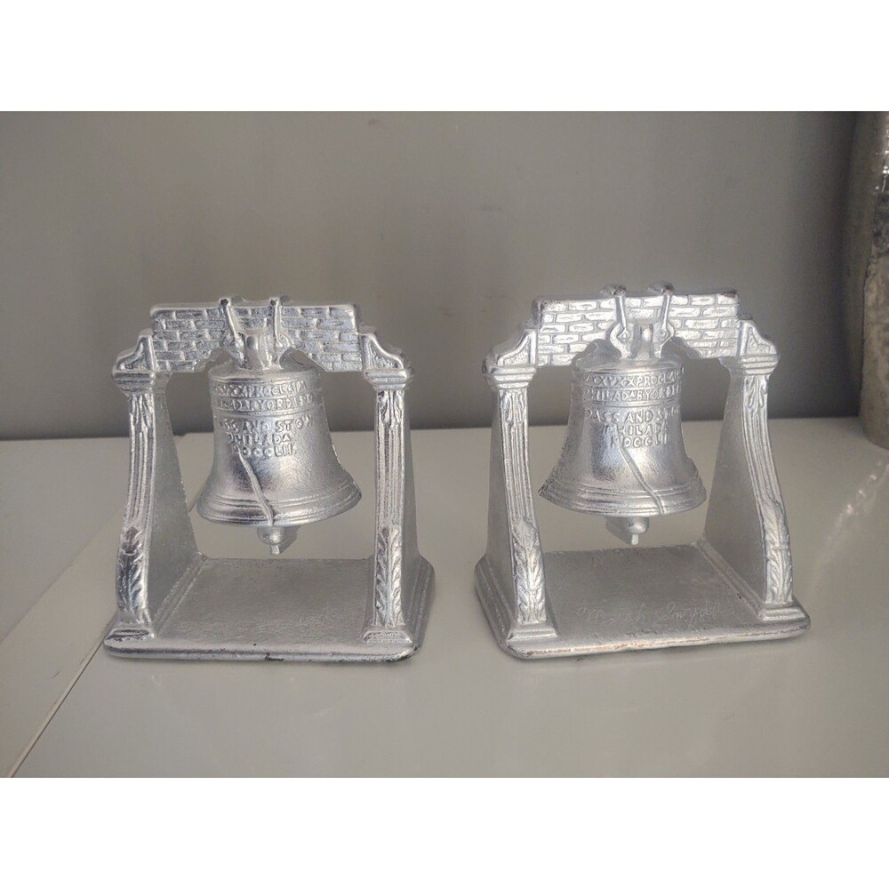 Circa 1920 Silver Painted Finish Cast Iron LIBERTY BELL Bookends Book Ends